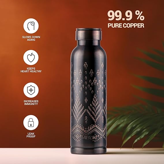 Milton Copper Swasth Water Bottle, 940 ml, Black Ethnic | Lacquer Coating, Curved bottle | Diwali | Festive | Gifting | Yoga | Home | Kitchen | Vedic