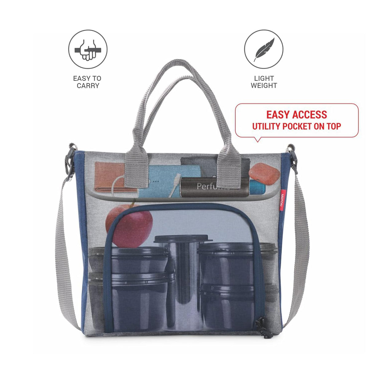 Style Mate Tiffin (4 Microwave Safe Inner Steel Containers, 180/320/320/450 ml; 1 SS Tumbler, 380 ml, Spoon and Fork) With Insulated Fabric Jacket, Grey