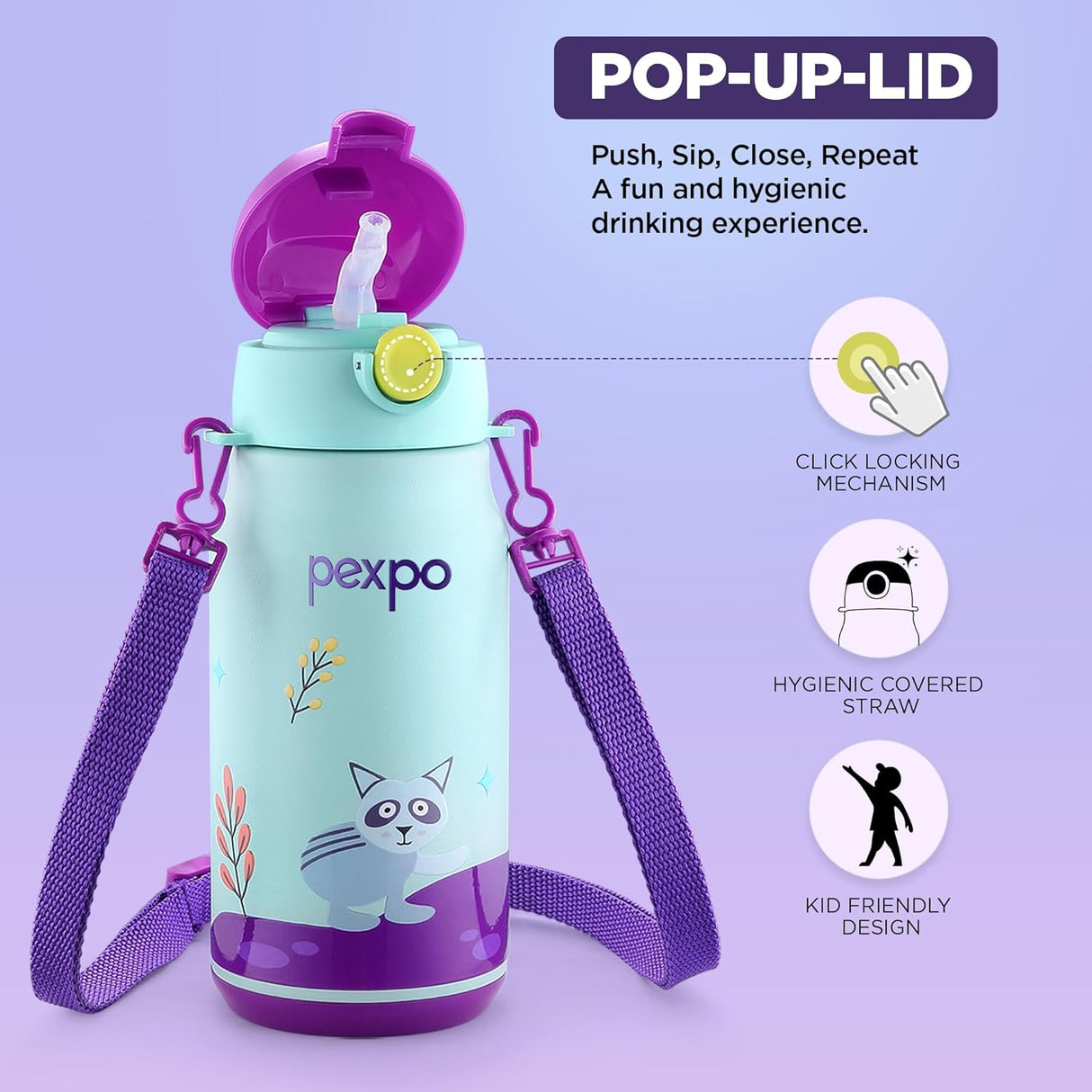 Pexpo Poggo 450 Hot & Cold Stainless Steel Water Bottle for 6+ Years Kids - 420 ml |Raccoon UV Printed Design |Vacuum Insulated|Leak Proof & BPA Free|School, Picnic, Travel