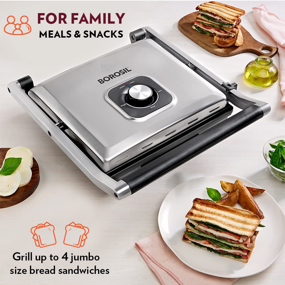Borosil SuperJumbo Grill Sandwich Maker 2000 W, opens 105°