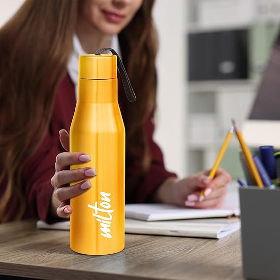 Milton Super 1000 Stainless Steel Water Bottle 1 ltr, Single Walled, ISI Certified I Leak Proof Lid, Rust Proof I For School, Office, Gym I Yellow