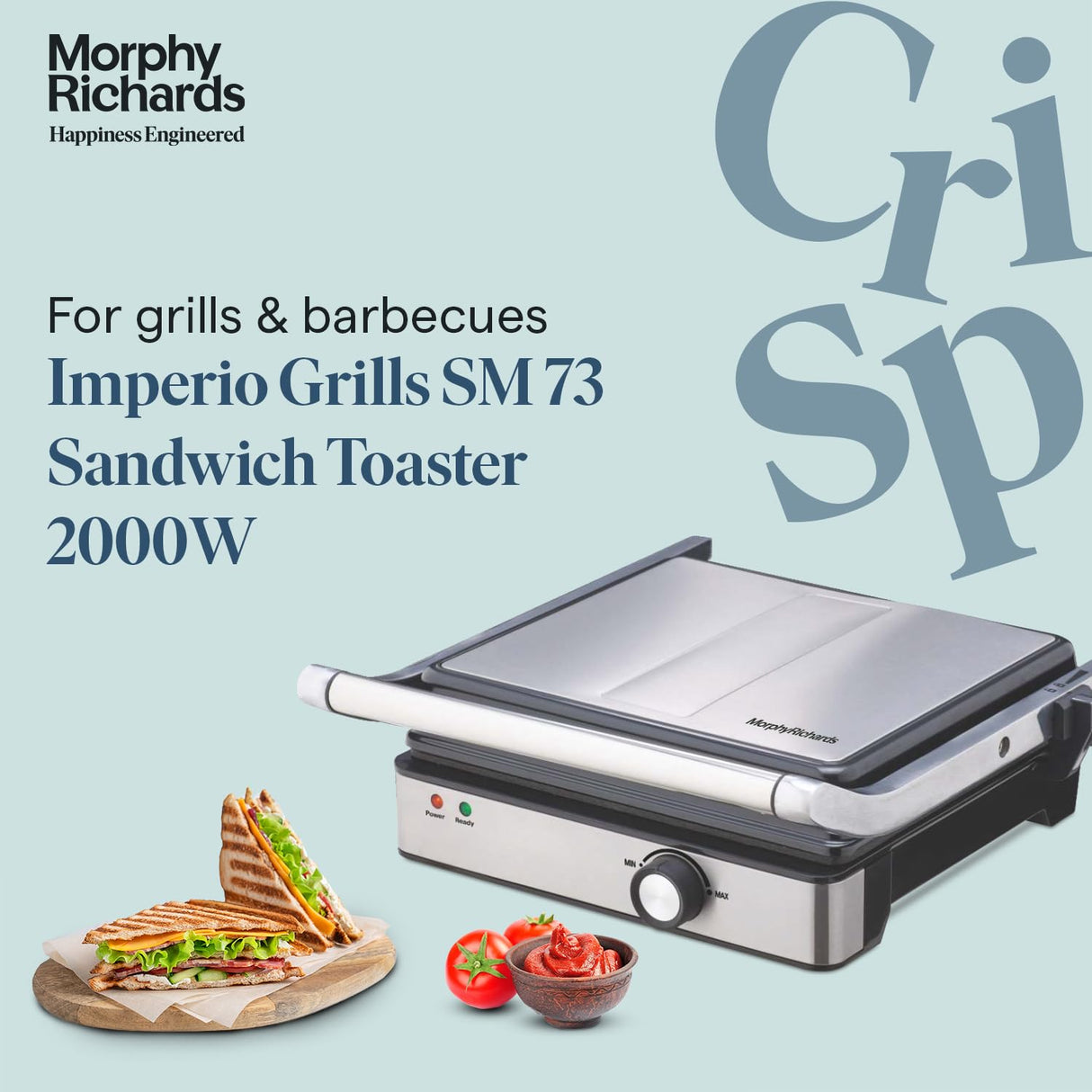 Imperio Series Sandwich Maker 73 Contact Grill, 2000W, 4-Slice, Non-Stick Coating, Adjustable Temperature Control, Black