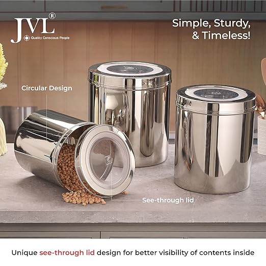 JVL Classicware Classic Stainless Steel Storage Tin with See-Through Lid | Mirror Finish, Airtight, Rust-Resistant Container for Spices, Grains, Snacks & Dry Fruits, Durable & Easy to Clean (2.8 L) CLT - 3
