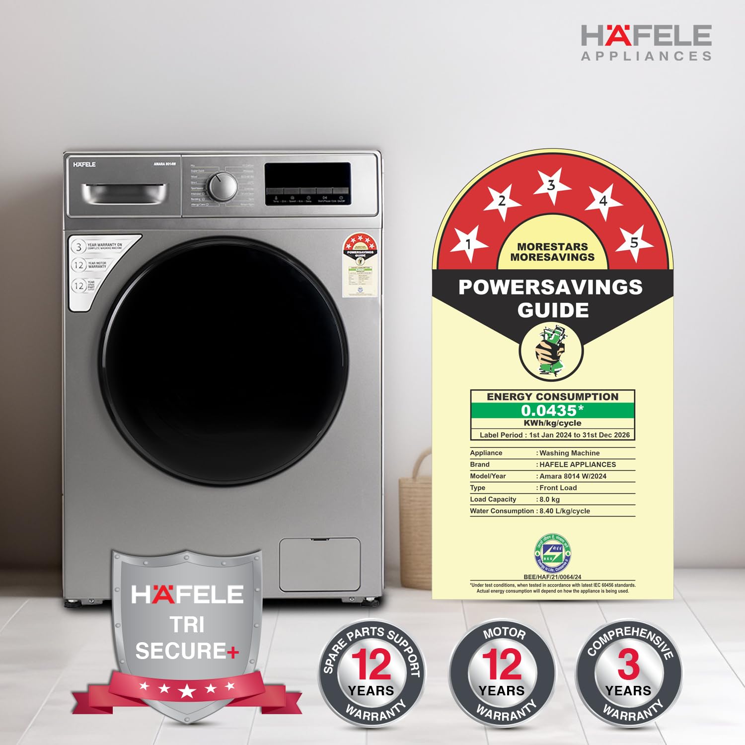 Amara 8014W 8 Kg Fully Automatic Front Load Washing Machine – 1400 RPM, Steam Wash, Hexa-Wash, Seal Grey, 533.93.710