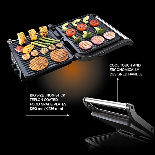 Usha iChef Sandwich Grill | 2000 Watt| Large 4 Slice Flat Bread Griller | 0-180° Flat Bed | Temperature and Timer Control | Auto Shut-off after Pre-Set time