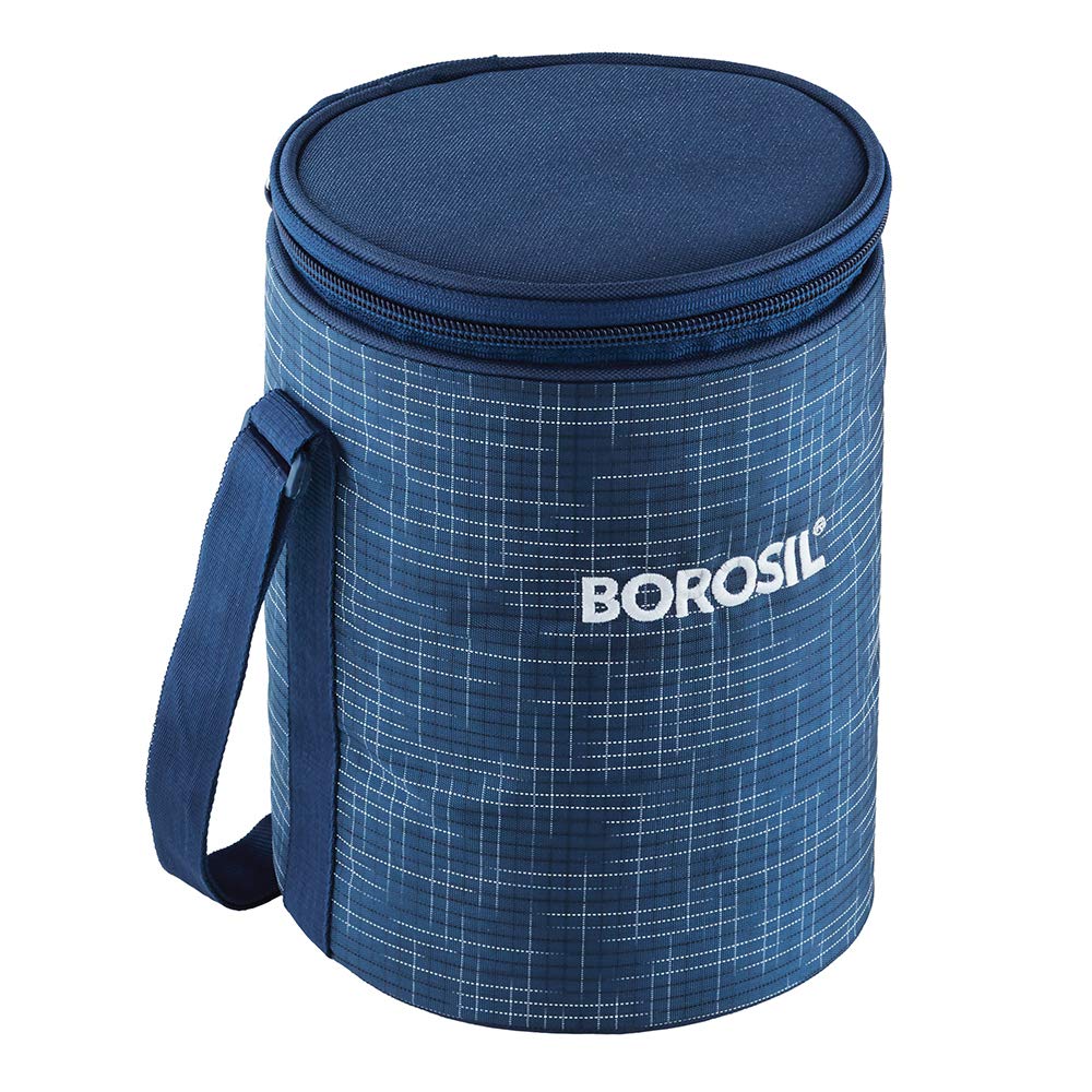 Borosil Indigo Lunchbox with Bag | 3 pc Borosilicate Glass Round Container Set (400 ml Each) | Microwave & Dishwasher Safe, Leak Proof | Tiffin for Office, School, College | Blue