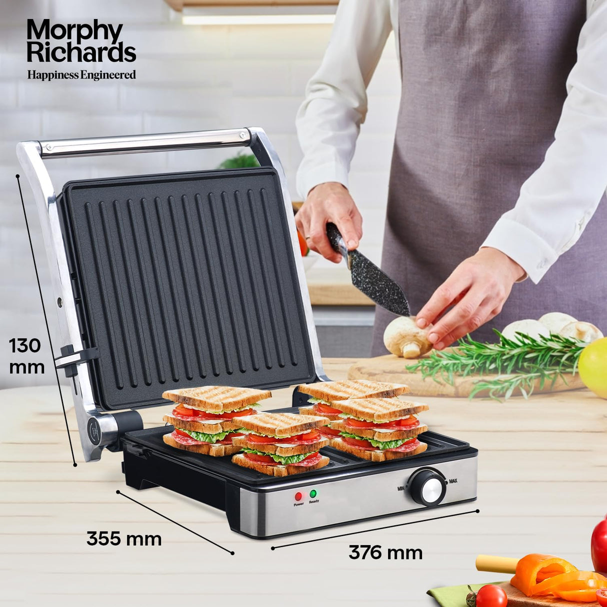 Imperio Series Sandwich Maker 73 Contact Grill, 2000W, 4-Slice, Non-Stick Coating, Adjustable Temperature Control, Black