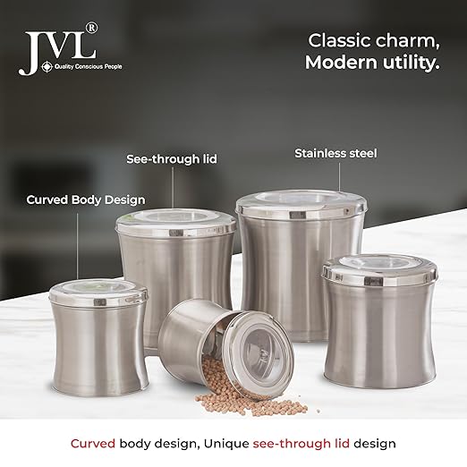 JVL Classicware Stainless Steel Belly-Shaped Storage Tin, Matte Finish Container with See-Through Lid, Food-Grade, Durable & Elegant, Ideal for Kitchen Essentials, Snacks & Grains (1 Pc) (0.9L)