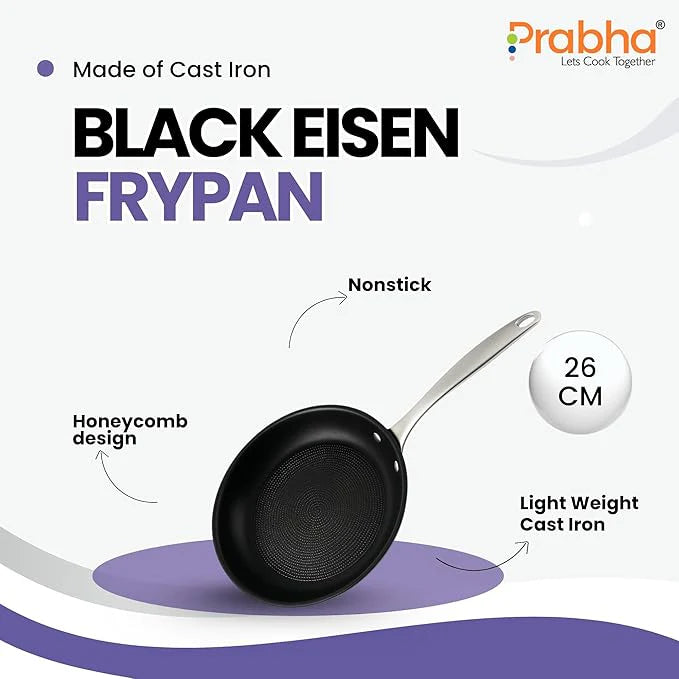 Black Eisen Cast Iron Frypan With Steel Handle 2L, 26cm