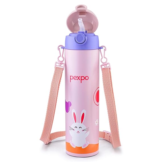 Pexpo Pixy 500 Cute Design |Hot & Cold Thermoflask - 470ml, Rabbit Print|Stainless Steel Water Bottle for 6+ Years Kids & Adults|Vacuum Insulated|Portable Handle|Double Wall