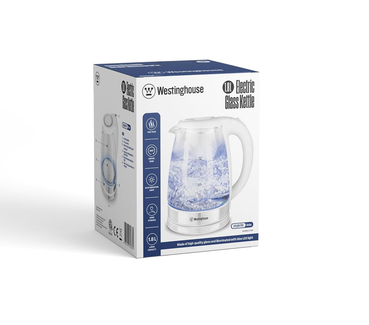 Westinghouse Simple Life 1.8L 1500W Electric Glass Kettle | Crystal-Clear Glass Body, Elegant Blue Indicator, 360° Swivel Base