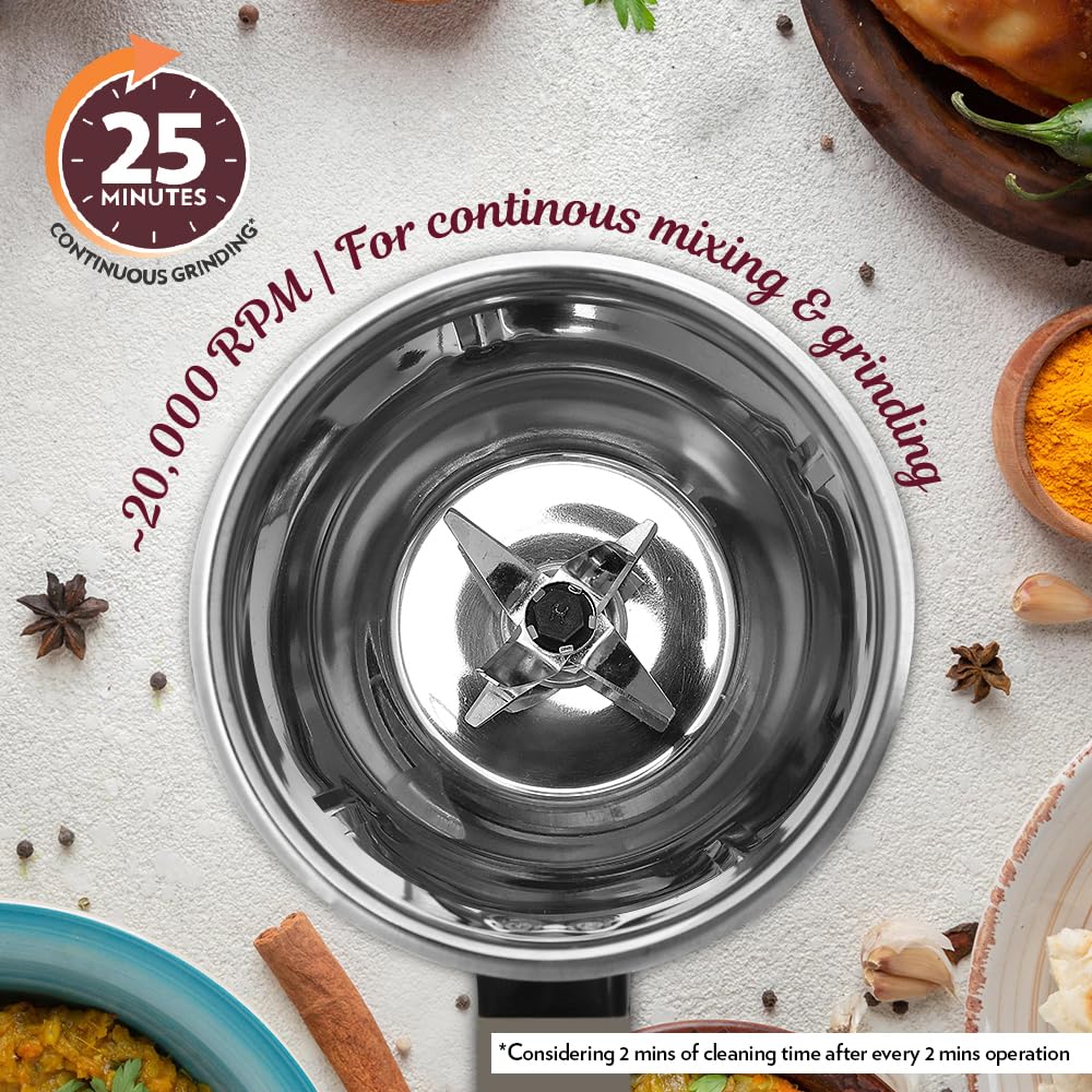 Borosil 750W Infinity Mixer Grinder with 4 Stainless Steel Jars (1.5L Jar with Fruit Filter, 1.5L Blending Jar, 1L Dry/Wet Grinder Jar, 400ml Chutnery Jar), Kitchen Mixie