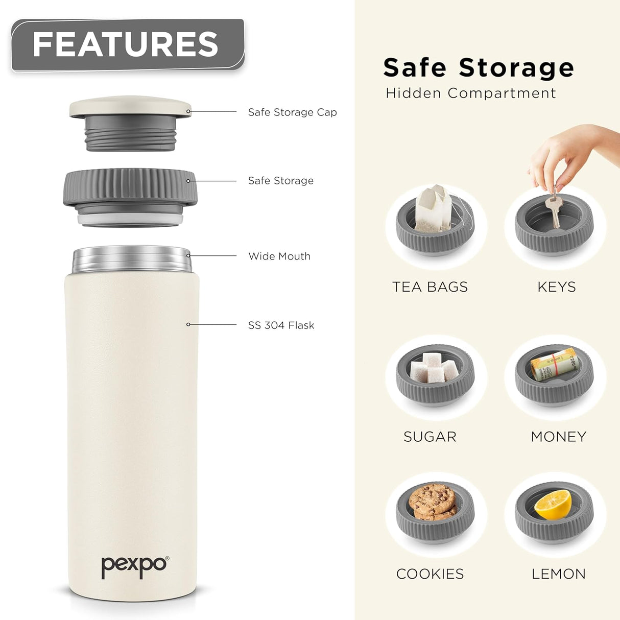 Pexpo Crypto Pro 500 ISI Certified Hot & Cold Flask -Bone Grey Stainless Steel - 430ml | Vacuum Insulated Thermosteel Flask| Leak Proof| Thermos Mug| Travel Mug | Adults| Boys & Girls
