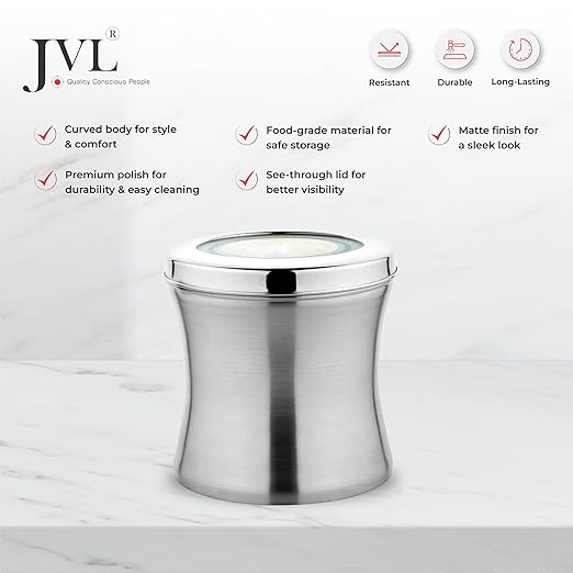 JVL Classicware Stainless Steel Belly-Shaped Storage Tin, Matte Finish Container with See-Through Lid, Food-Grade, Durable & Elegant, Ideal for Kitchen Essentials, Snacks & Grains (1 Pc) (0.9L)