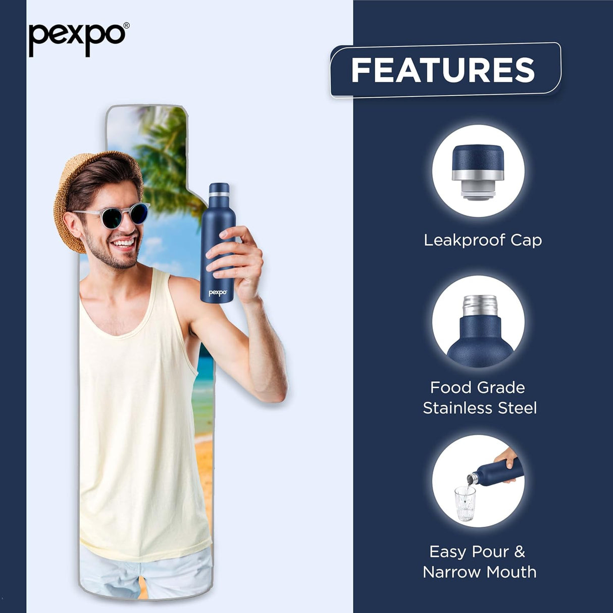 Pexpo Stainless Steel Hot and Cold Vacuum Insulated ISI Certified Flask, 500ml, Denim Blue, Set of 1, | Double Wall Flask | BPA Free | Office | School | Home | Hiking | Gym