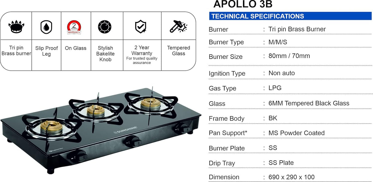 SUNSHINE Apollo 3 Burner Gas Stove Manual Ignition