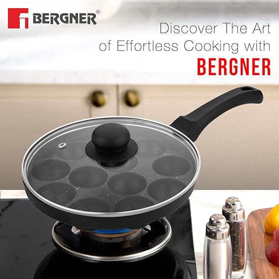 Senator Non Stick Paniyarakkal/Appampatra with Glass Lid, 12 Pits Gas Top Compatible Only, Black BGIN-2580