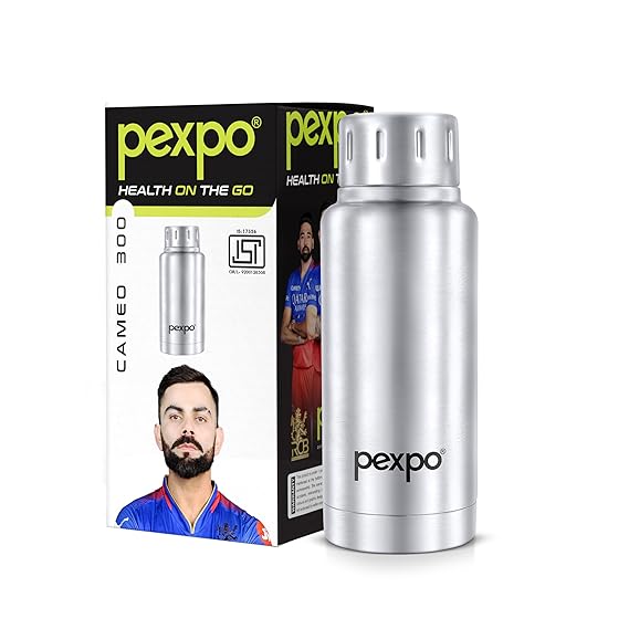 Pexpo Cameo Pro Vacuum Insulated 300ml Stainless Steel Water Bottle - Silver | Hot & Cold Upto 5-6 Hours | Leak of | Office, School, Gym & Travelling|Men, Women & Kids| RCB Edition