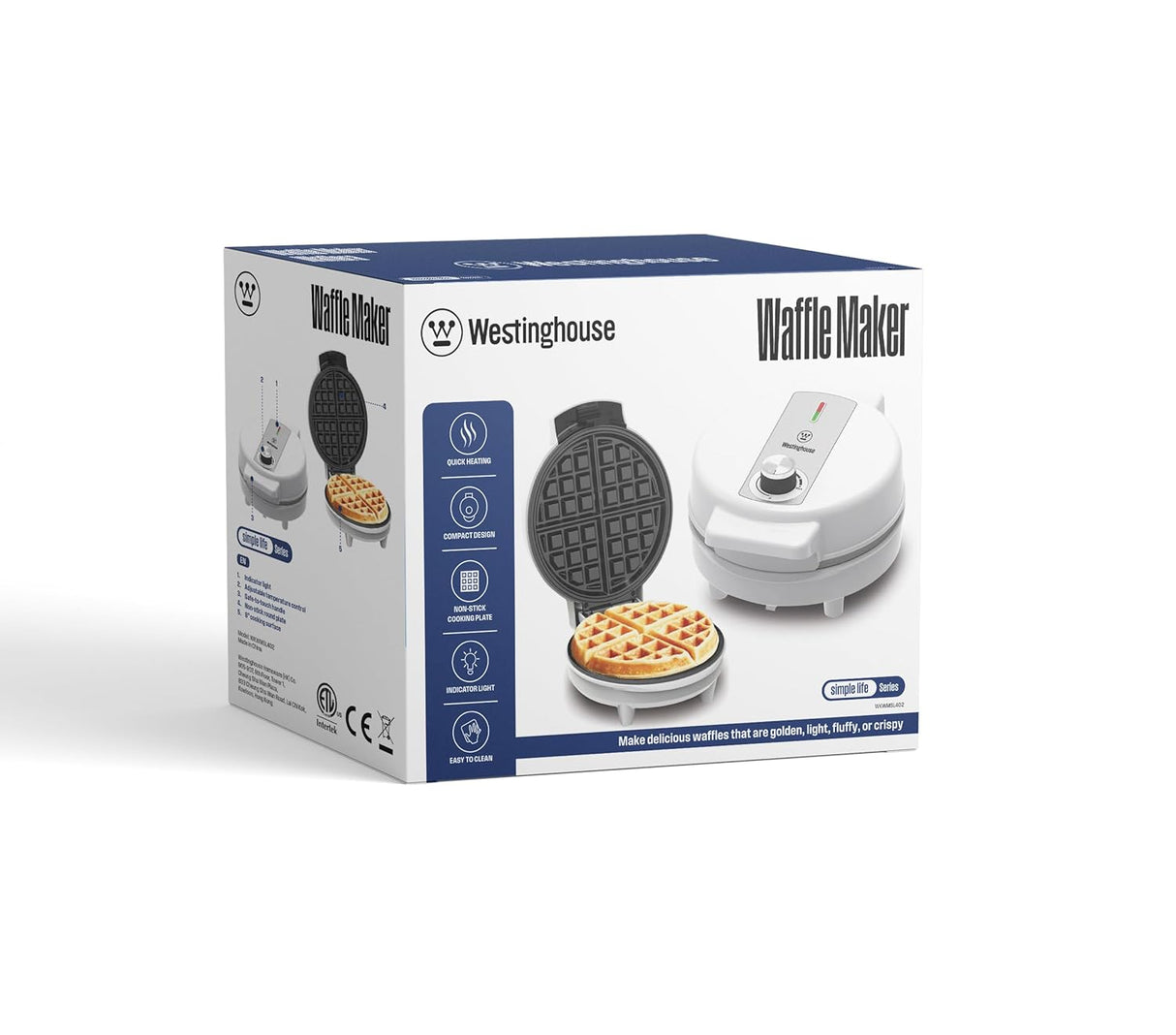 Westinghouse Simple Life 1000W Electric Waffle Maker 4 Slice | 8 Inch Plates, Quick Heating, Compact Design| Electric Waffle Iron With Non-Stick, Dual Side Plate