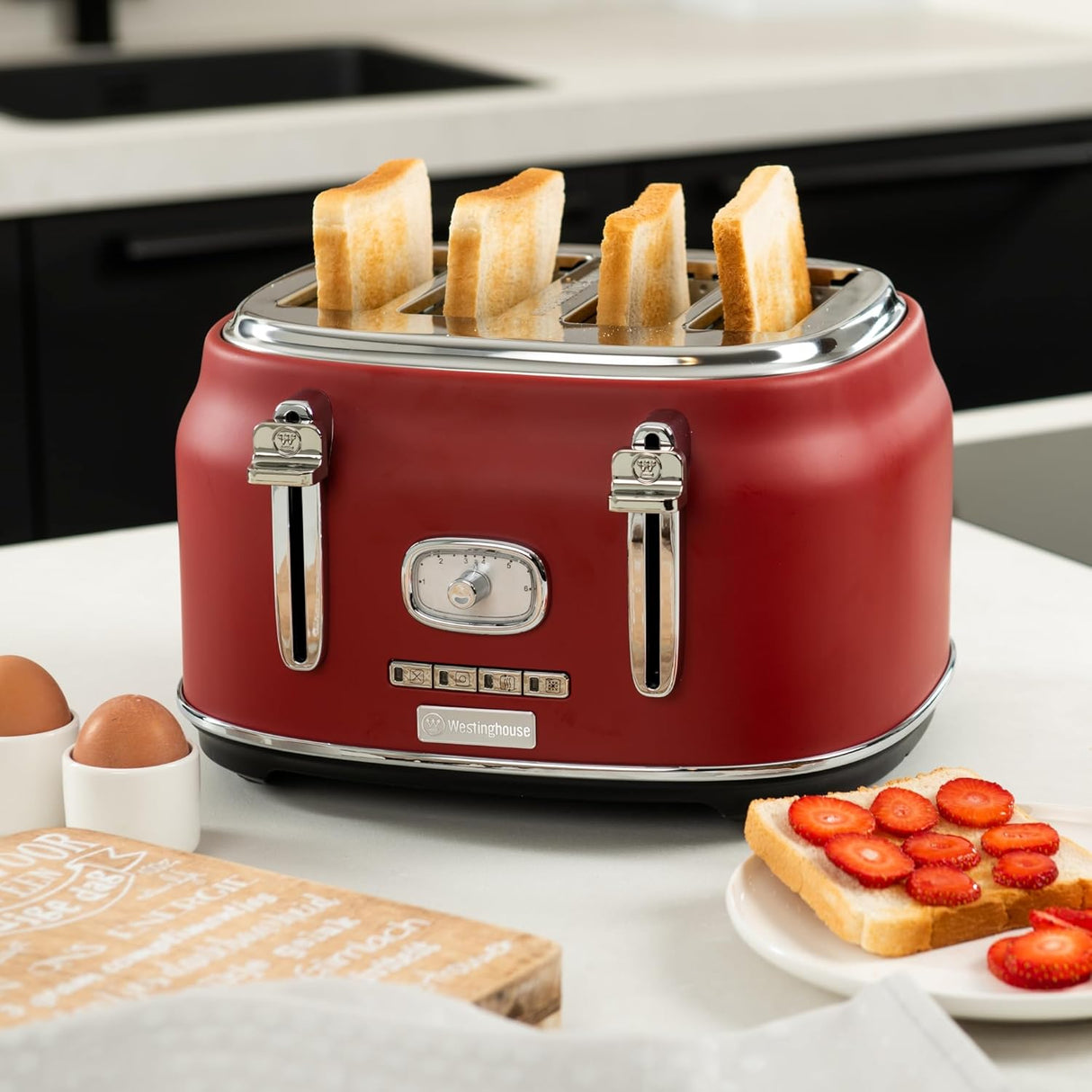 Westinghouse WKTTB809RD Red Retro Toaster | 4 Slice Capacity | 5 Settings | Adjustable Tan | Warming Rack and Crumb Tray