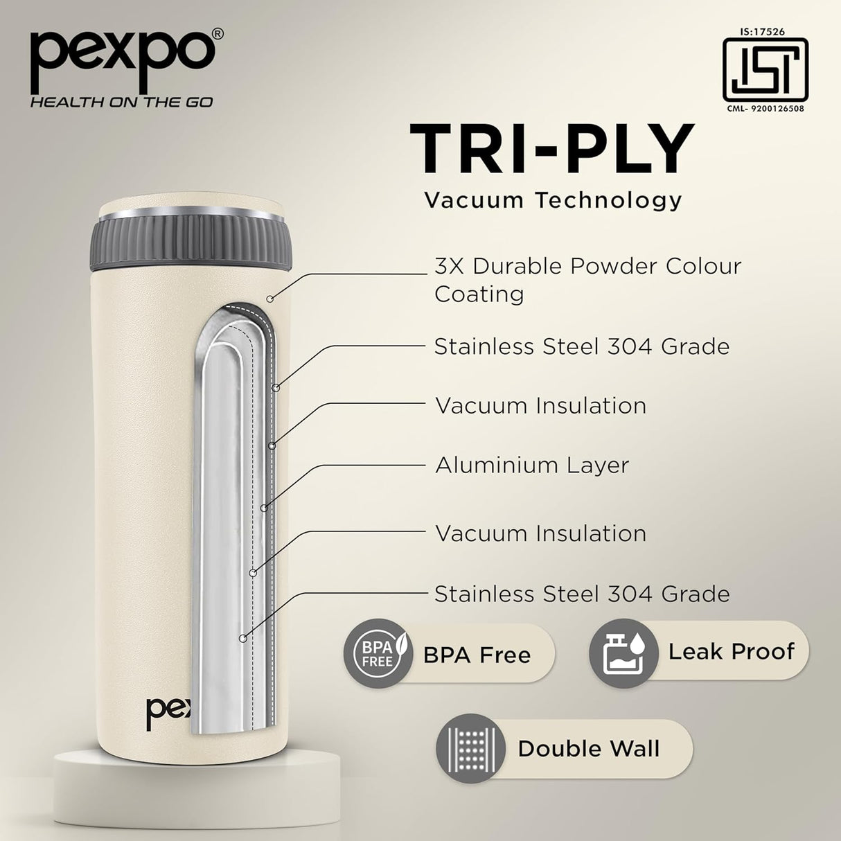 Pexpo Crypto Pro 500 ISI Certified Hot & Cold Flask -Bone Grey Stainless Steel - 430ml | Vacuum Insulated Thermosteel Flask| Leak Proof| Thermos Mug| Travel Mug | Adults| Boys & Girls