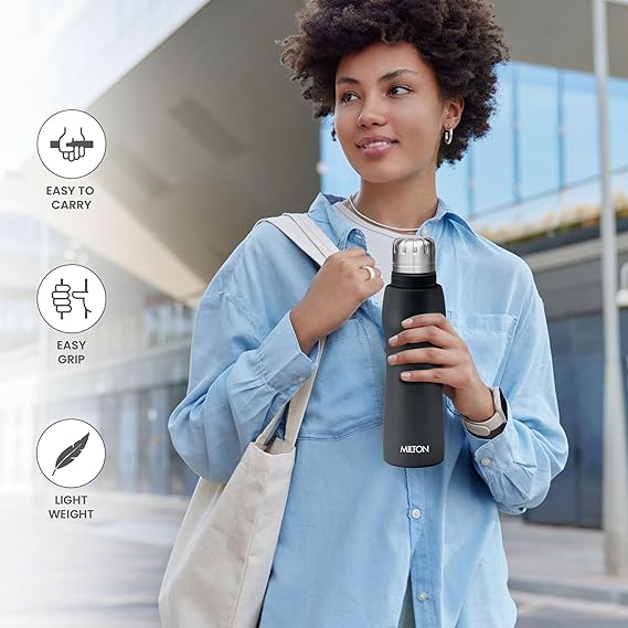 Elate Stainless Steel Water Bottle 620 ml, Single Walled, ISI Certified I Leak Proof Lid, Rust Proof I for School, Office, Gym I Black