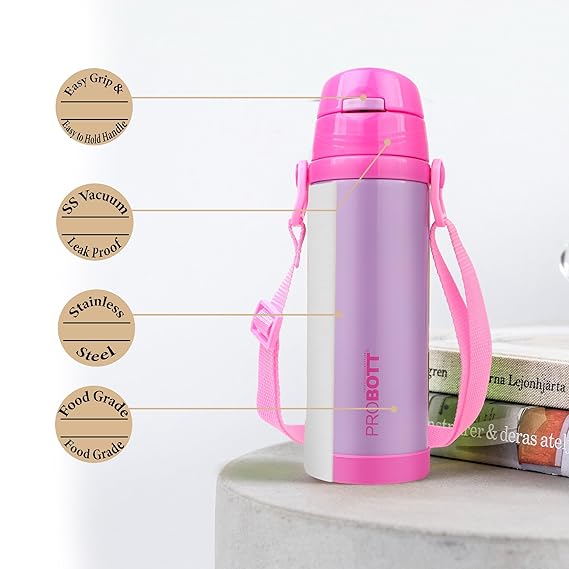 Probott Tom 500ml Kids Vacuum Insulated Flask – Hot & Cold Stainless Steel Sipper Bottle with Straw & Strap, Blue, Leak-Proof & Dishwasher Safe PB 500-51