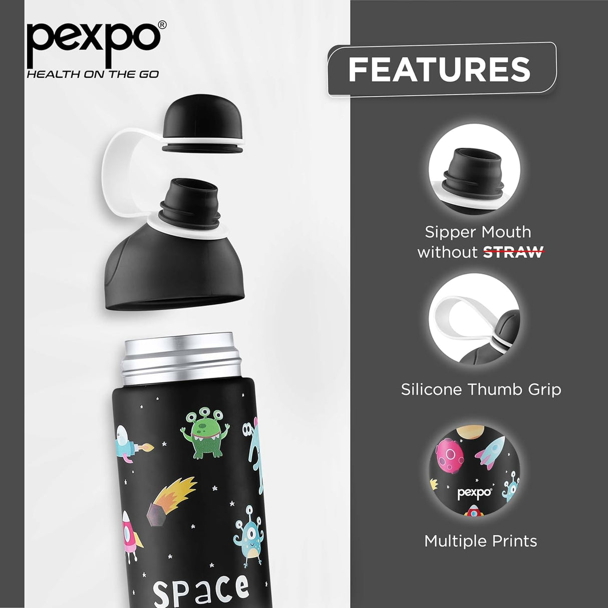 Pexpo Pico 500 Cute Sipper|Hot & Cold Stainless Steel Water Bottle for 6+ Years Kids - 470ml, Space UV Printed Design |Vacuum Insulated|Leak of & BPA Free|School, Picnic, Travel| RCB Edition