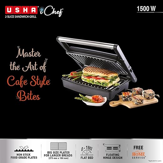Usha iChef Sandwich Grill | 1500 Watt| Large 2 Slice Flat Bread Griller | 0-180° Flat Bed | Floating Hinge Design | 2 stage Thermal Safety