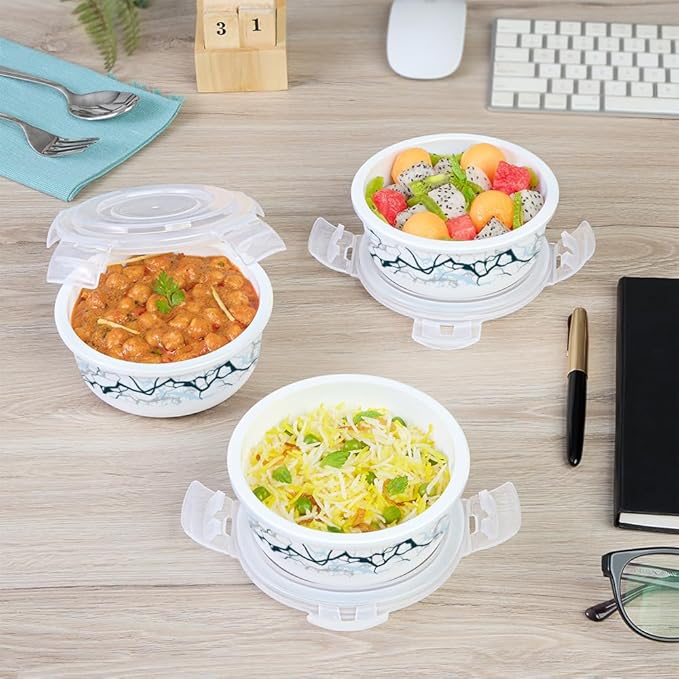 Larah by Borosil Zeus Lunch Box with Bag – 3pc Round Container Set (400ml Each), White