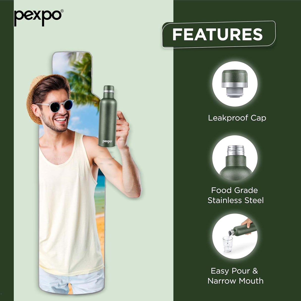 Pexpo Stainless Steel Hot and Cold Vacuum Insulated ISI Certified Flask,500ml, Military Green | Double Wall Flask | BPA Free | Office | School | Home | Hiking | Gym