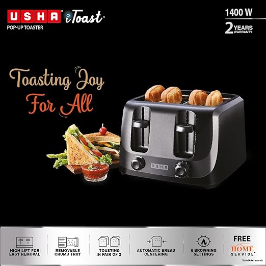 Usha iToast 4 Slice Pop Up Toaster | 1400W | 6 Browning Settings | Cool Touch, Shock Proof Plastic Body| Removable Crumb Tray | Automatic Bread Centering for Uniform Browning