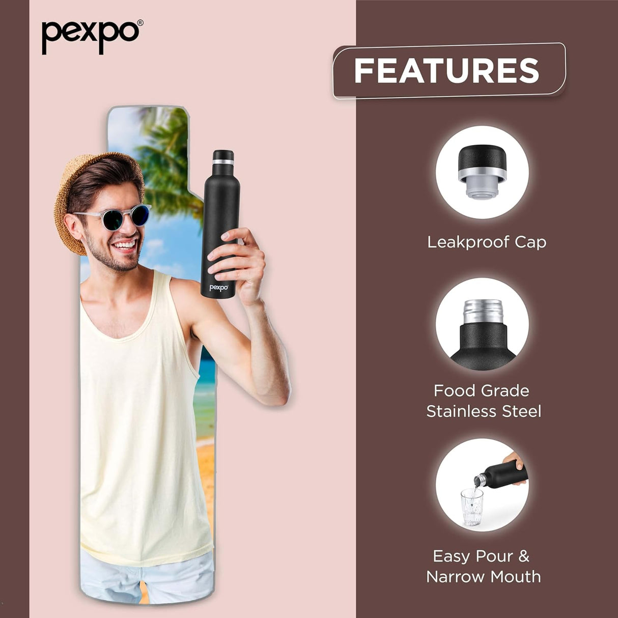 Pexpo Oreo Pro 1000 Stainless Steel Hot and Cold Vacuum Insulated ISI Certified Flask, 980ml, Knight Black | Double Wall Flask | BPA Free | Office | School | Home | Hiking | Gym| RCB Edition