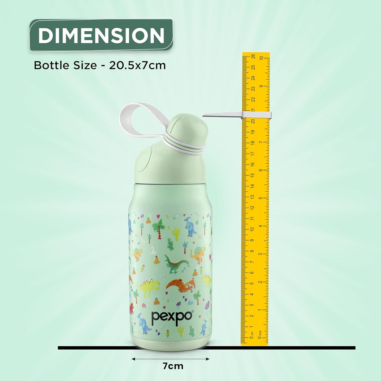 Pexpo Piano Pro 450 - Cute Sipper|Hot & Cold Thermoflask - 420ml, Dinasour Print|Stainless Steel Water Bottle for 6+ Years Kids & Adults|Vacuum Insulated|Portable Handle|Double Wall | RCB Edition