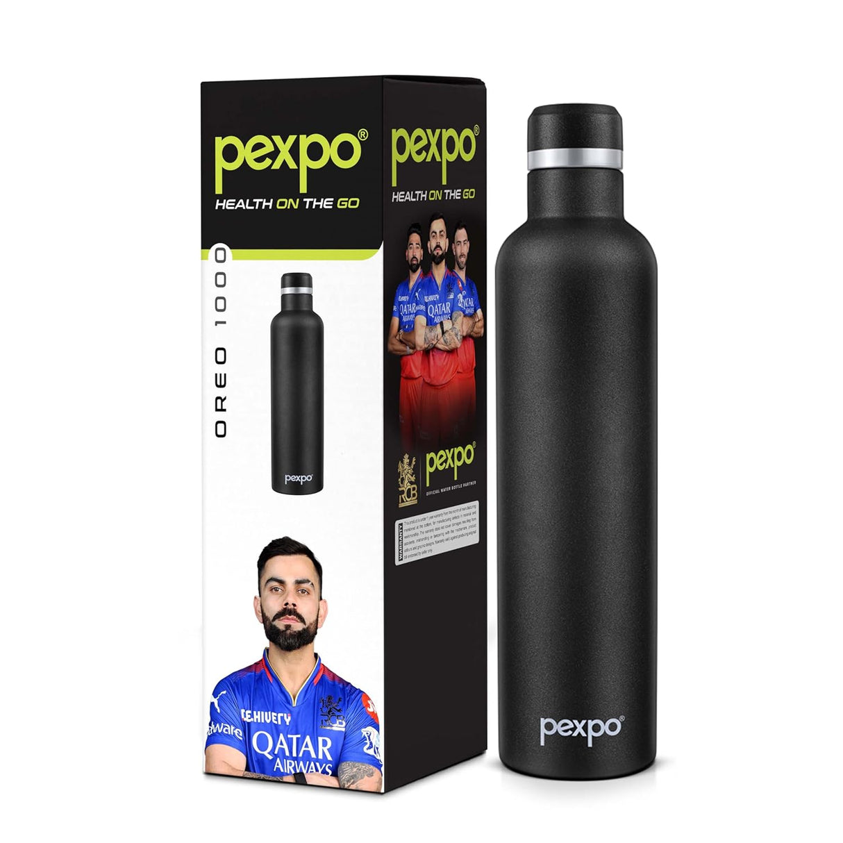 Pexpo Oreo Pro 1000 Stainless Steel Hot and Cold Vacuum Insulated ISI Certified Flask, 980ml, Knight Black | Double Wall Flask | BPA Free | Office | School | Home | Hiking | Gym| RCB Edition