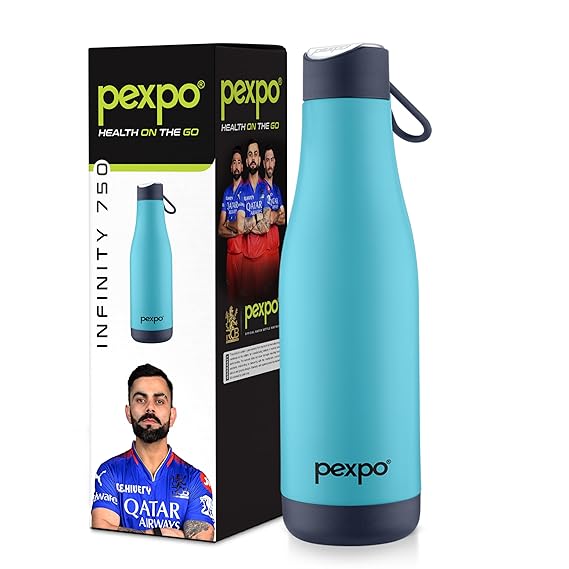 Pexpo Infinity Pro Hot & Cold ISI Certified Flask 750ml Turkish Blue| Stainless Steel Water Bottle | Thermoflask | Office Bottle | Workout | Travelling | Home | Adults & Kids| RCB Edition