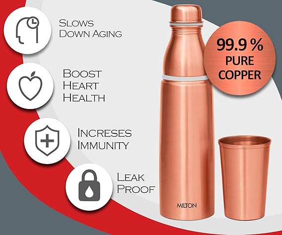 Milton Copper Combo 1000 Bottle with Tumbler, 890 ml,Durable & Rust Proof Tamba Bottle with Glass for Drinking,100% Pure Copper, BPA Free, Leak Proof, Boosts Immunity