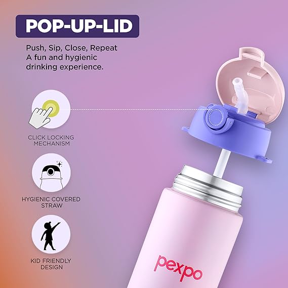Pexpo Pixy 500 Cute Design |Hot & Cold Thermoflask - 470ml, Rabbit Print|Stainless Steel Water Bottle for 6+ Years Kids & Adults|Vacuum Insulated|Portable Handle|Double Wall
