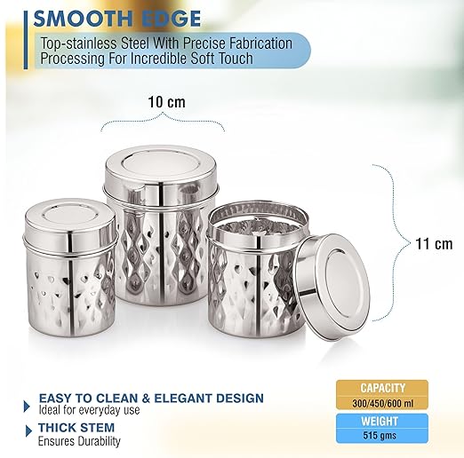 Mukti Stainless Steel Food Storage Jars & Containers|Dabba Set||Gourmet Krystal 3pcs Set|300/450/600ml