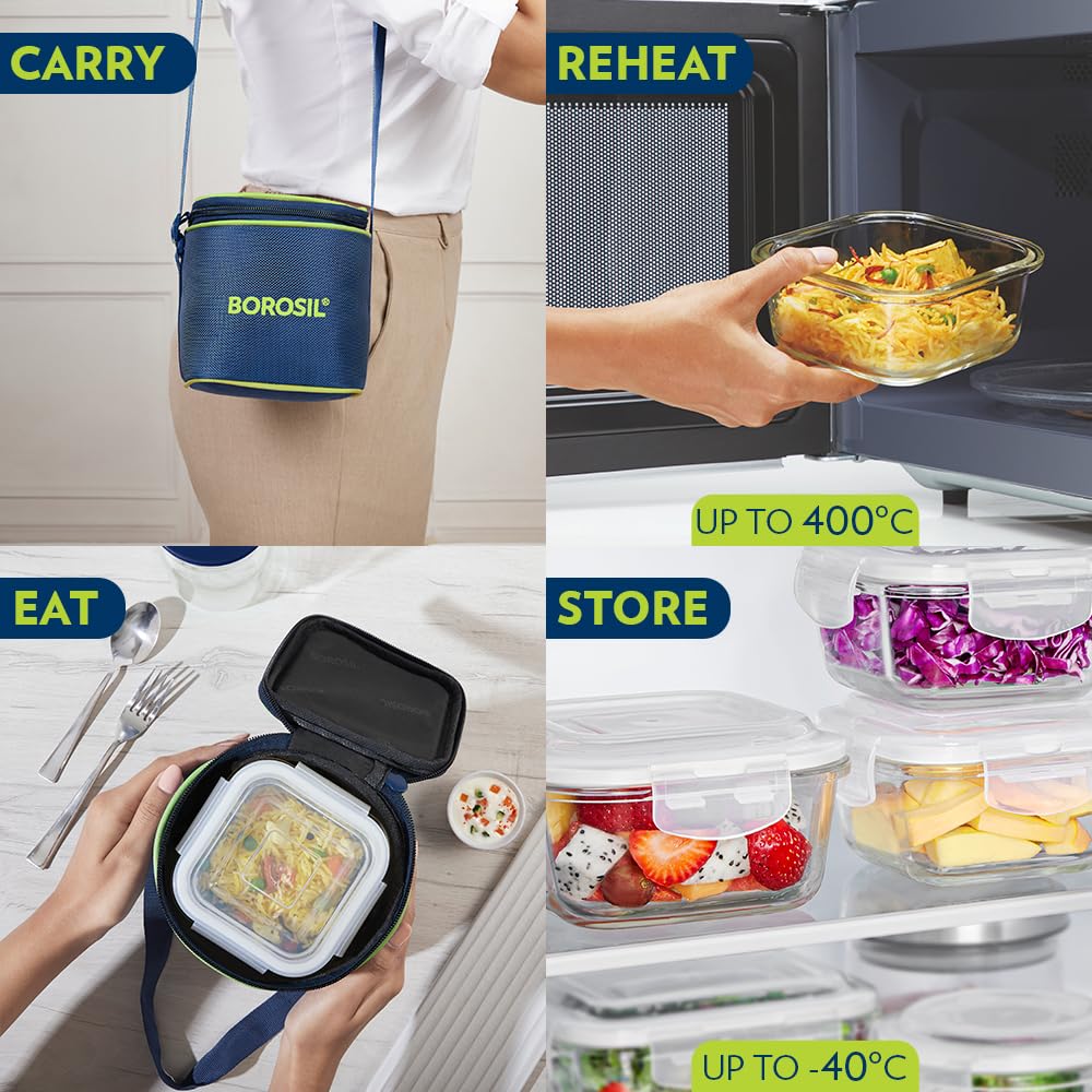 Borosil Klip n Store Lunchbox with Bag | Set of 2 (320ml Each), Square | Borosilicate Glass, Vertical | Microwave & Dishwasher Safe, Leakproof | Tiffin for Office/School/College | Blue, Transparent