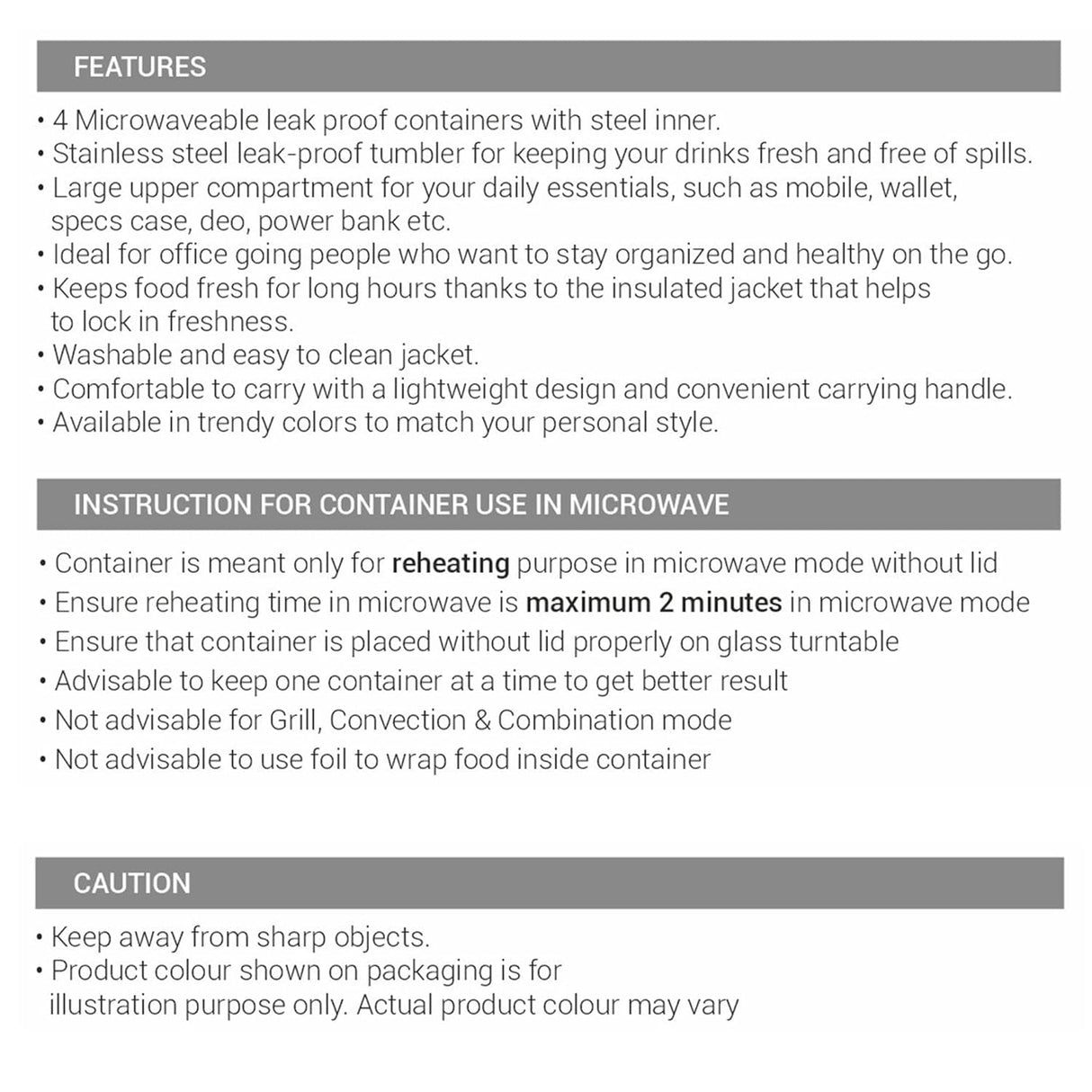 Style Mate Tiffin (4 Microwave Safe Inner Steel Containers, 180/320/320/450 ml; 1 SS Tumbler, 380 ml, Spoon and Fork) With Insulated Fabric Jacket, Grey