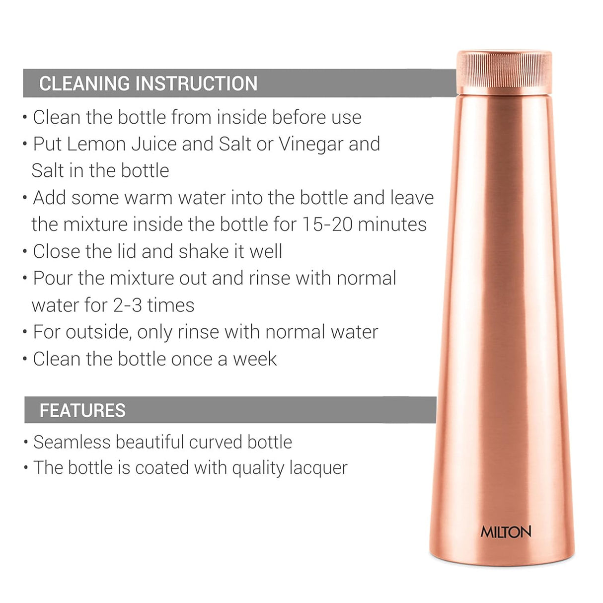 Milton Copper Delight 1000 Bottle, 915 ml, Lacquer Coating, Curved bottle,100% Pure Copper, BPA Free, Leak Proof, Office Bottle, Boosts Immunity, Supports Digestive & Liver Health, Ayurveda Inspired