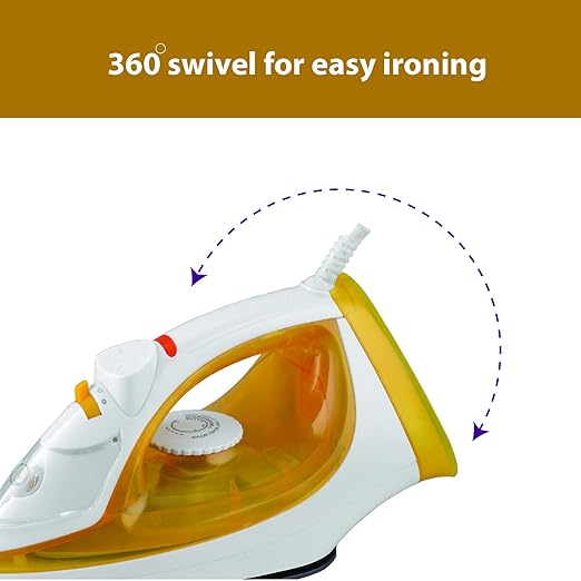 Usha SI 3816 Steam Iron 1600 W with Easy-Glide Non-Stick Soleplate, Powerful Steam Output, 280 Ml Water Tank (Yellow & White), 1600 Watts