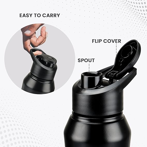 Comet 750 Stainless Steel Water Bottle 730 ml, Single Walled, ISI Certified I Leak Proof Lid, Rust Proof I For School, Office, Gym I Black