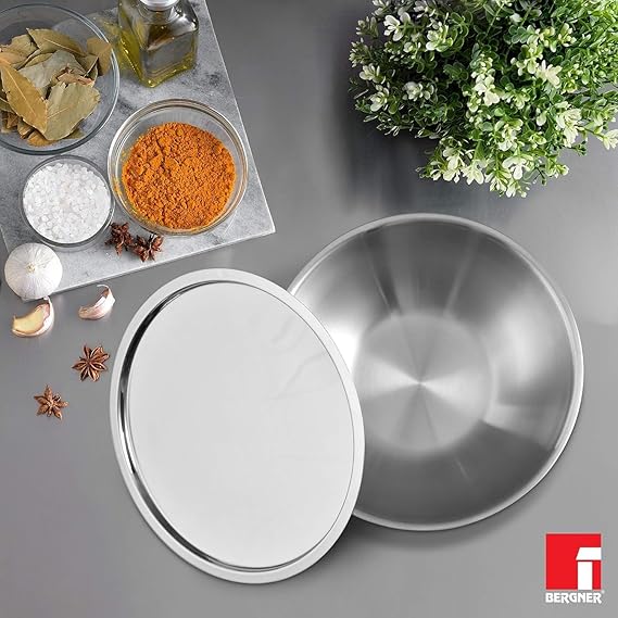 Argent Triply 18 cm Tasla/Kadai – 1.3L, Multi-Layer Stainless Steel, Mirror Finish, Stainless Steel Lid, Ideal for Deep-Fry, Sauté, Stir-Fry, Mixing, Desserts Gravy, Induction  Gas Compatible BG-6904