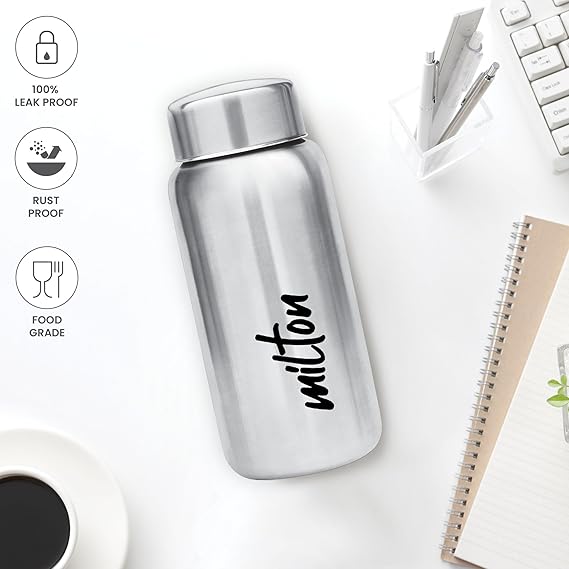 Aqua 1000 Stainless Steel Water Bottle 950 ml, Single Walled, ISI Certified I Leak Proof Lid, Rust Proof I For School, Office, Gym I Silver
