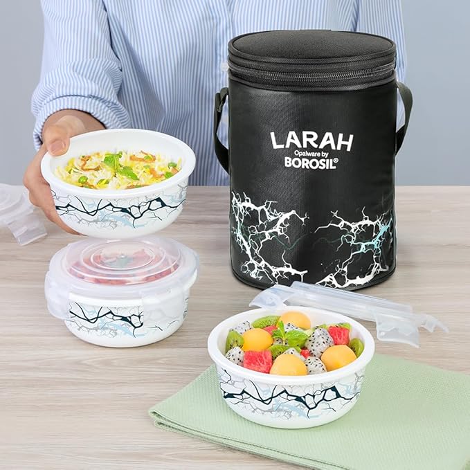 Larah by Borosil Zeus Lunch Box with Bag – 3pc Round Container Set (400ml Each), White