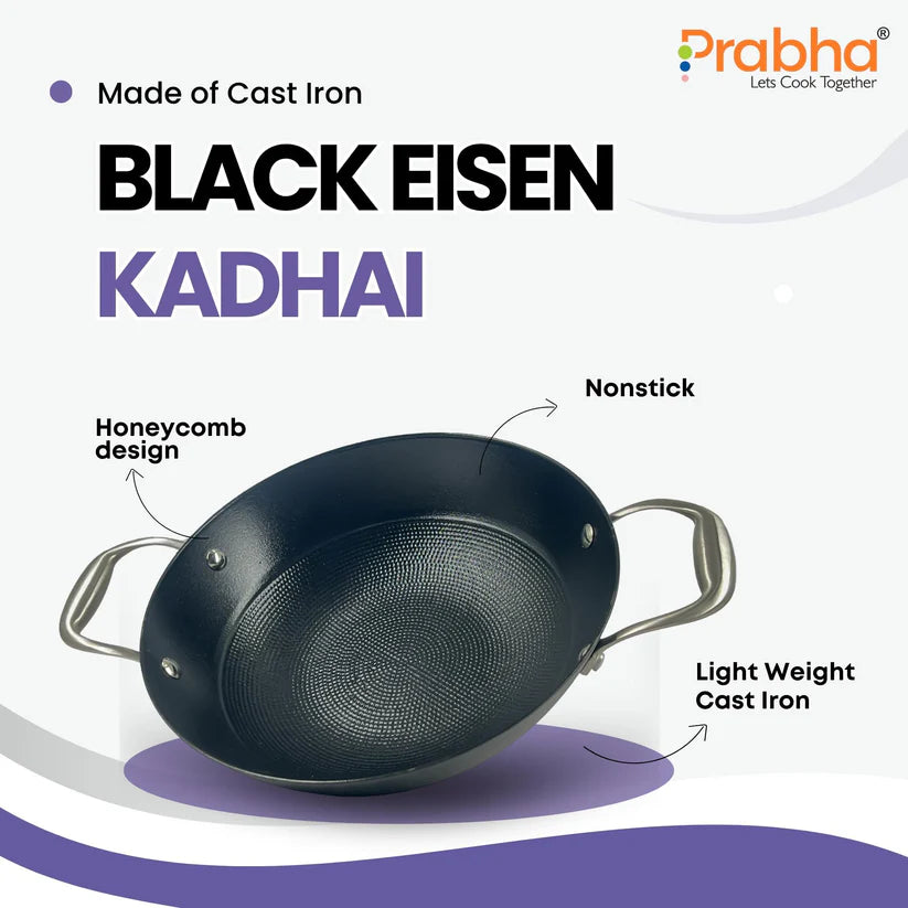 Black Eisen Cast Iron Kadhai With Steel Handle 2.5L, 24cm