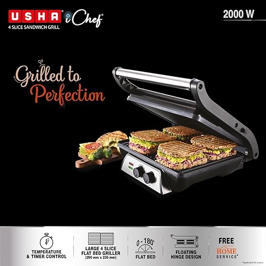 Usha iChef Sandwich Grill | 2000 Watt| Large 4 Slice Flat Bread Griller | 0-180° Flat Bed | Temperature and Timer Control | Auto Shut-off after Pre-Set time