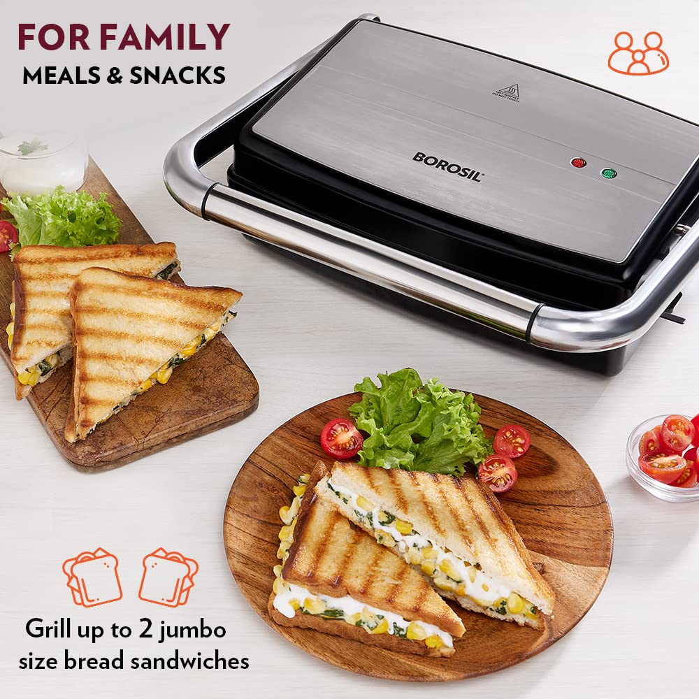 Borosil Jumbo 180° Grill Sandwich Maker 1500 W, opens 180°, 4 sandwiches
